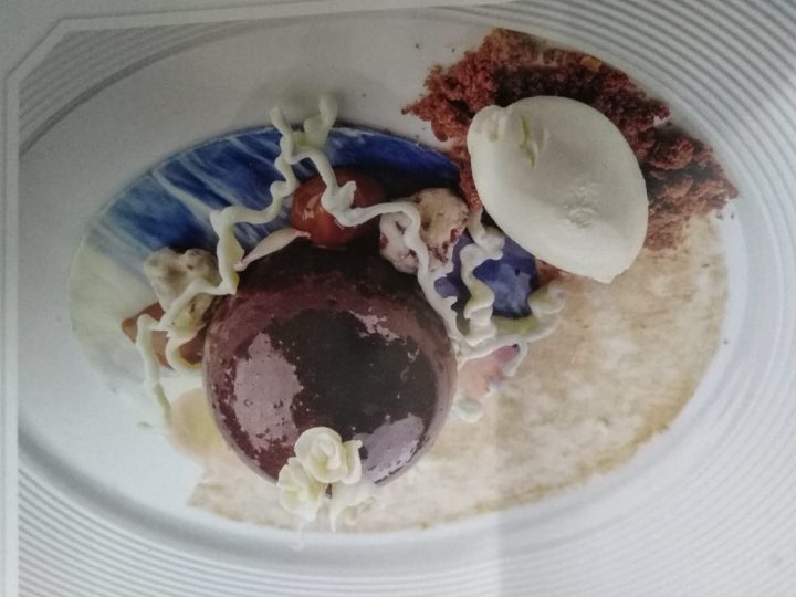 Banana Ganache& compote devil sponge filling chocolate soil caramelize procom and vanila icecream